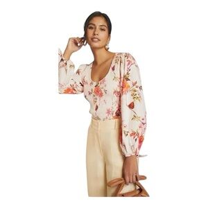 By Anthropologie Top Smocked Peplum Floral Cream Pink - M